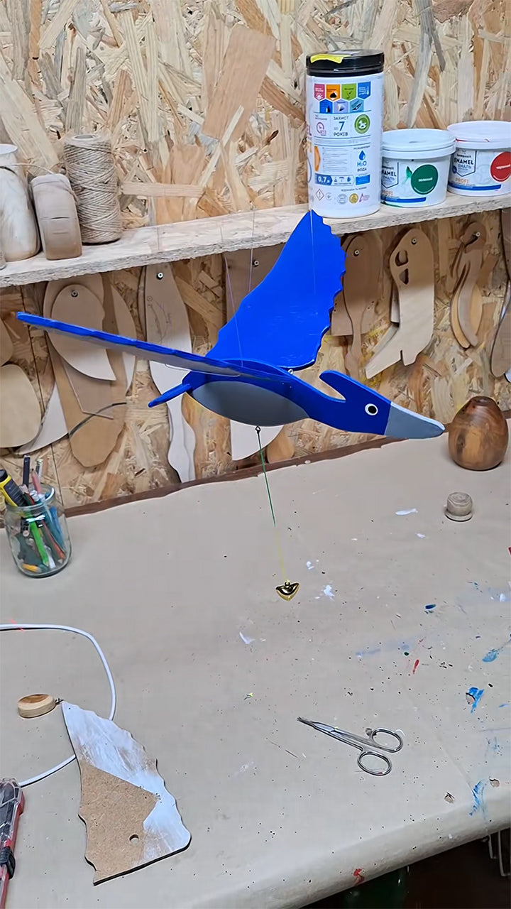 Flying Handmade Solid Wood Blue Pterodactyl Decoration