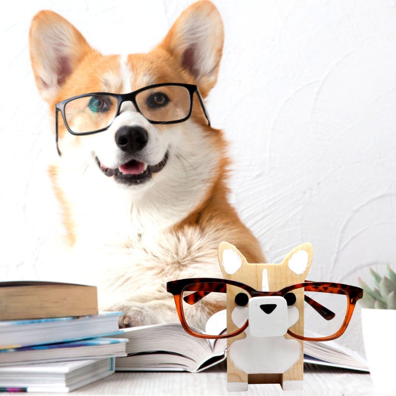 Corgi Dog Wearing Eyeglasses Stand.