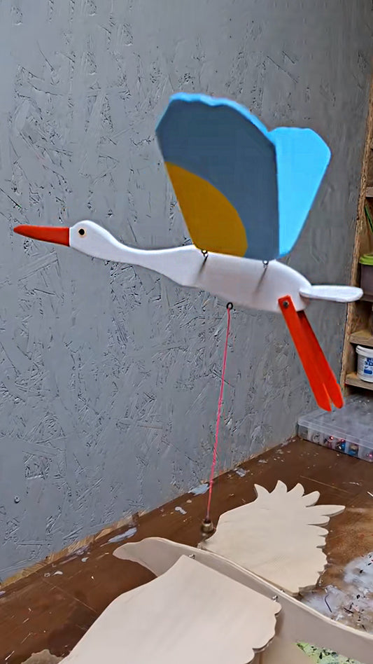 Flying Handmade Solid Wood Blue Yellow Stork Decoration
