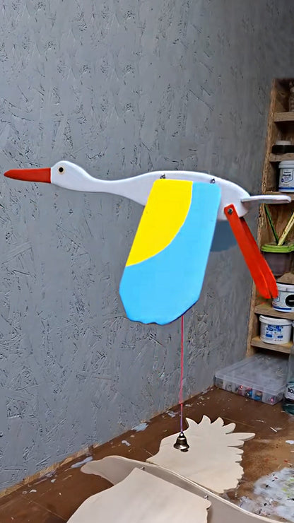 Flying Handmade Solid Wood Blue Yellow Stork Decoration