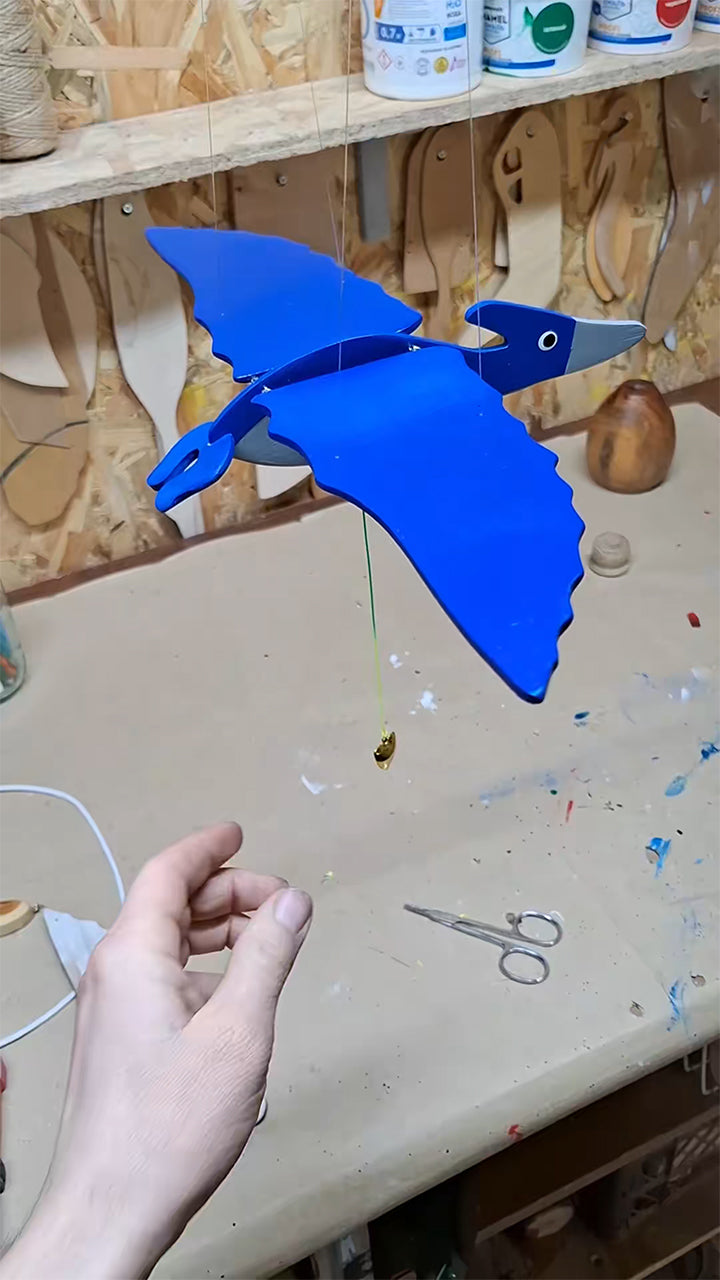 Flying Handmade Solid Wood Blue Pterodactyl Decoration