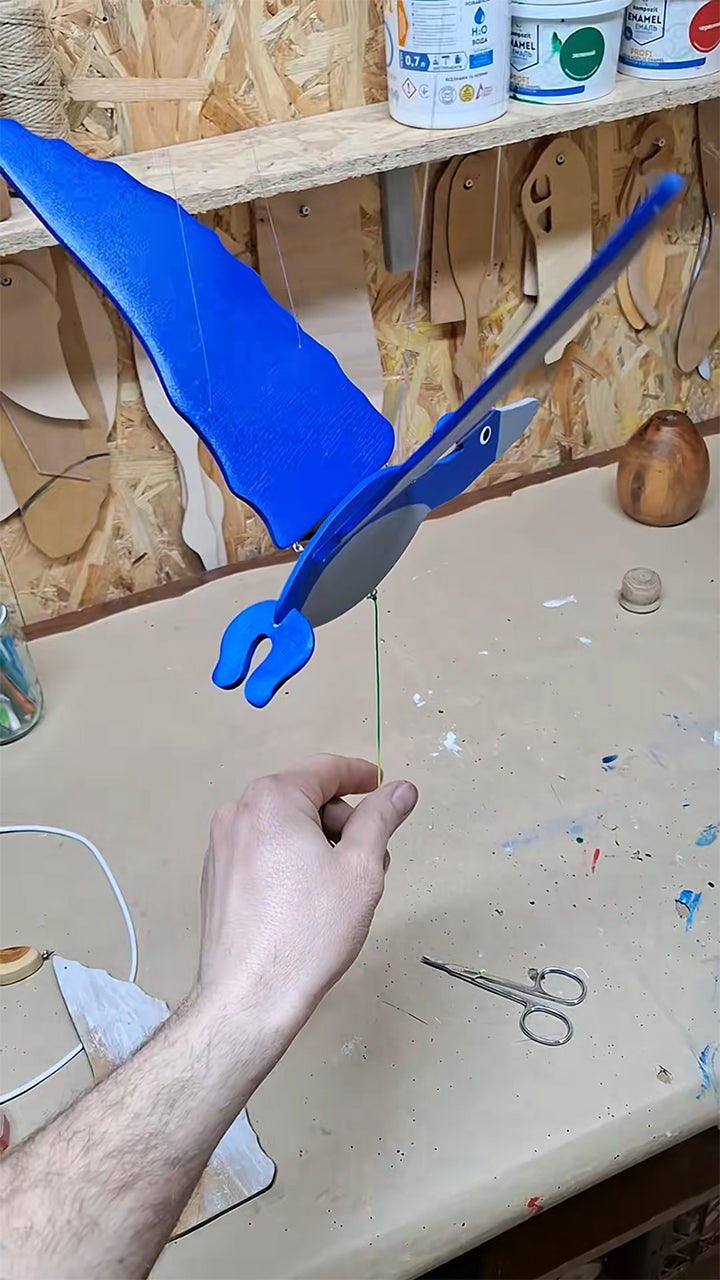 Flying Handmade Solid Wood Blue Pterodactyl Decoration