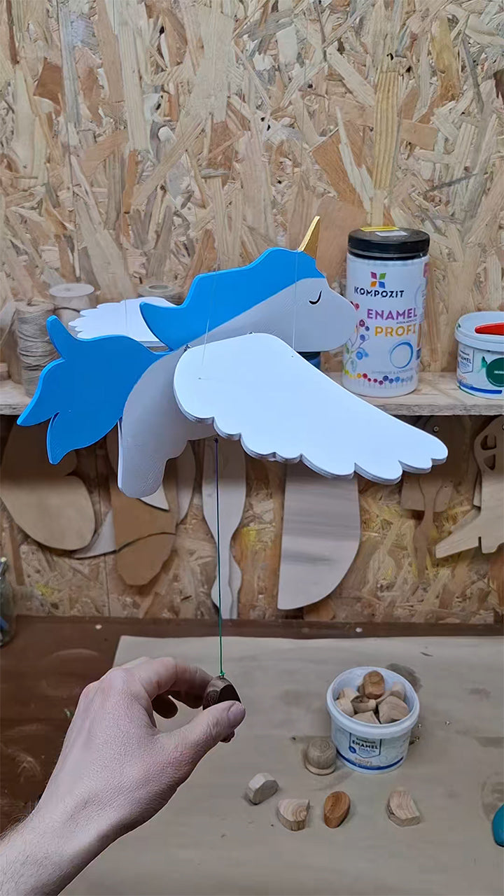 Flying Handmade Solid Wood Blue Unicorn Decoration