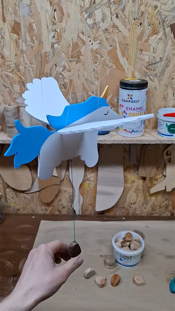 Flying Handmade Solid Wood Blue Unicorn Decoration