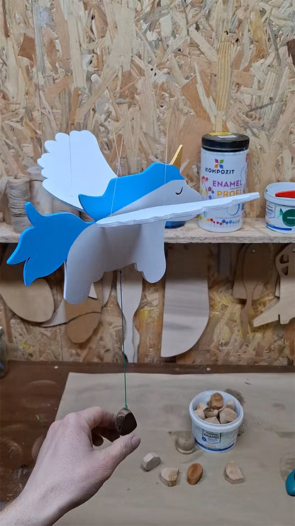 Flying Handmade Solid Wood Blue Unicorn Decoration