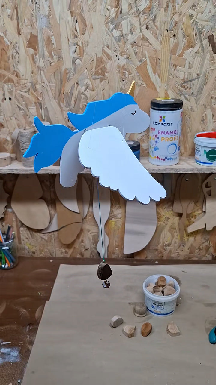 Flying Handmade Solid Wood Blue Unicorn Decoration