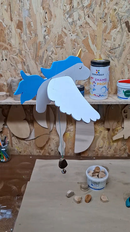 Flying Handmade Solid Wood Blue Unicorn Decoration