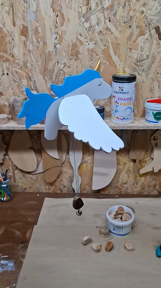 Flying Handmade Solid Wood Blue Unicorn Decoration