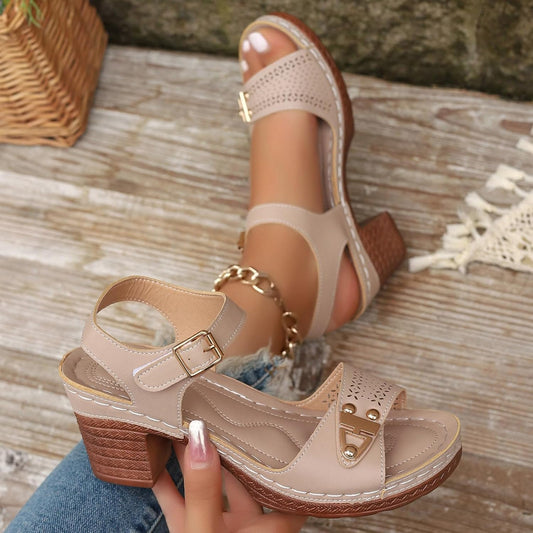 Women's Chunky-Heel Platform Top-grain Cowhide Sandals