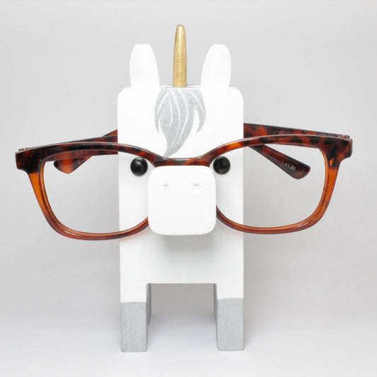 White Unicorn Wearing Eyeglasses Stand.
