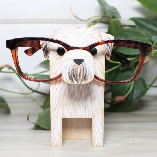 Wheaten Terrier Dog Wearing Eyeglasses Stand.
