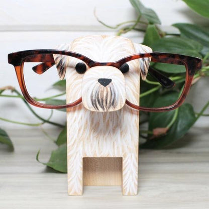 Wheaten Terrier Dog Wearing Eyeglasses Stand.