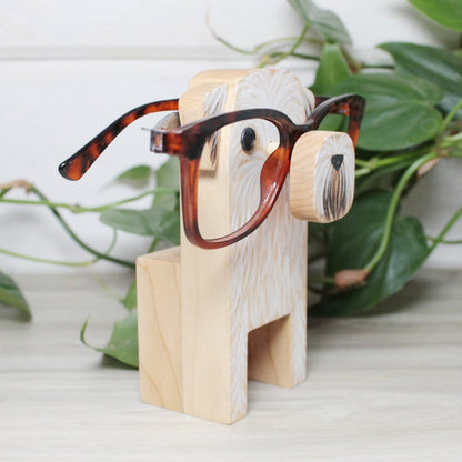 Wheaten Terrier Dog Wearing Eyeglasses Stand.