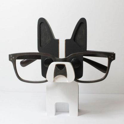 Boston Terrier Wearing Eyeglasses Stand.