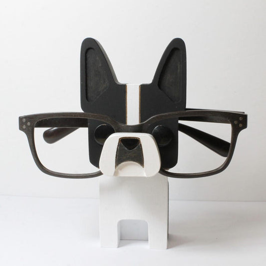 Boston Terrier Wearing Eyeglasses Stand.
