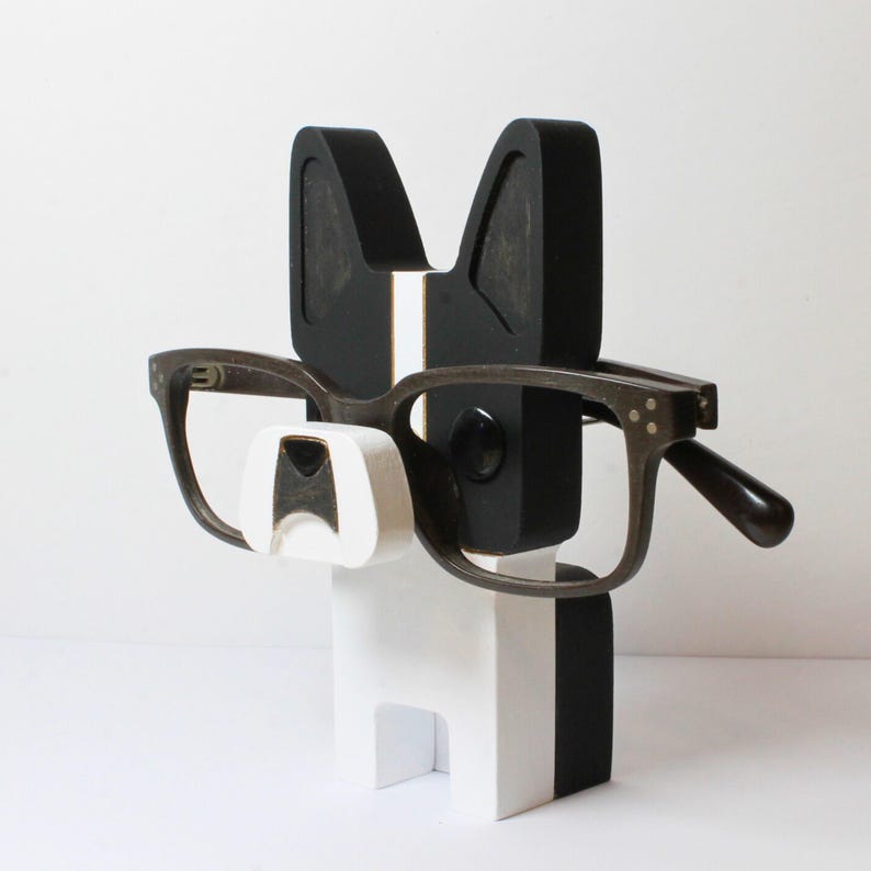 Boston Terrier Wearing Eyeglasses Stand.
