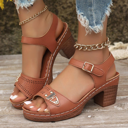 Women's Chunky-Heel Platform Top-grain Cowhide Sandals
