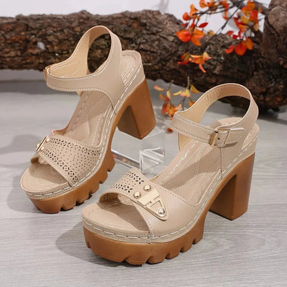 Women's Chunky-Heel Platform Top-grain Cowhide Sandals
