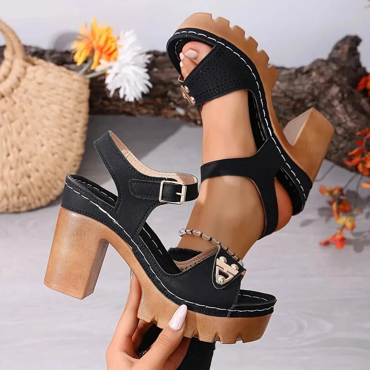 Women's Chunky-Heel Platform Top-grain Cowhide Sandals