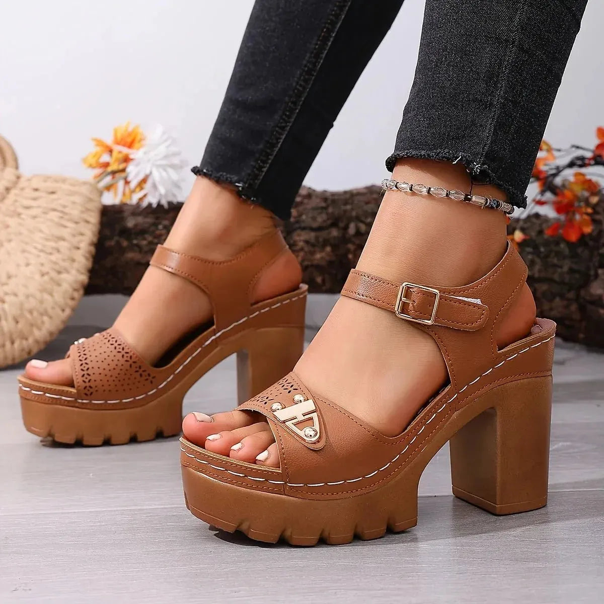 Women's Chunky-Heel Platform Top-grain Cowhide Sandals