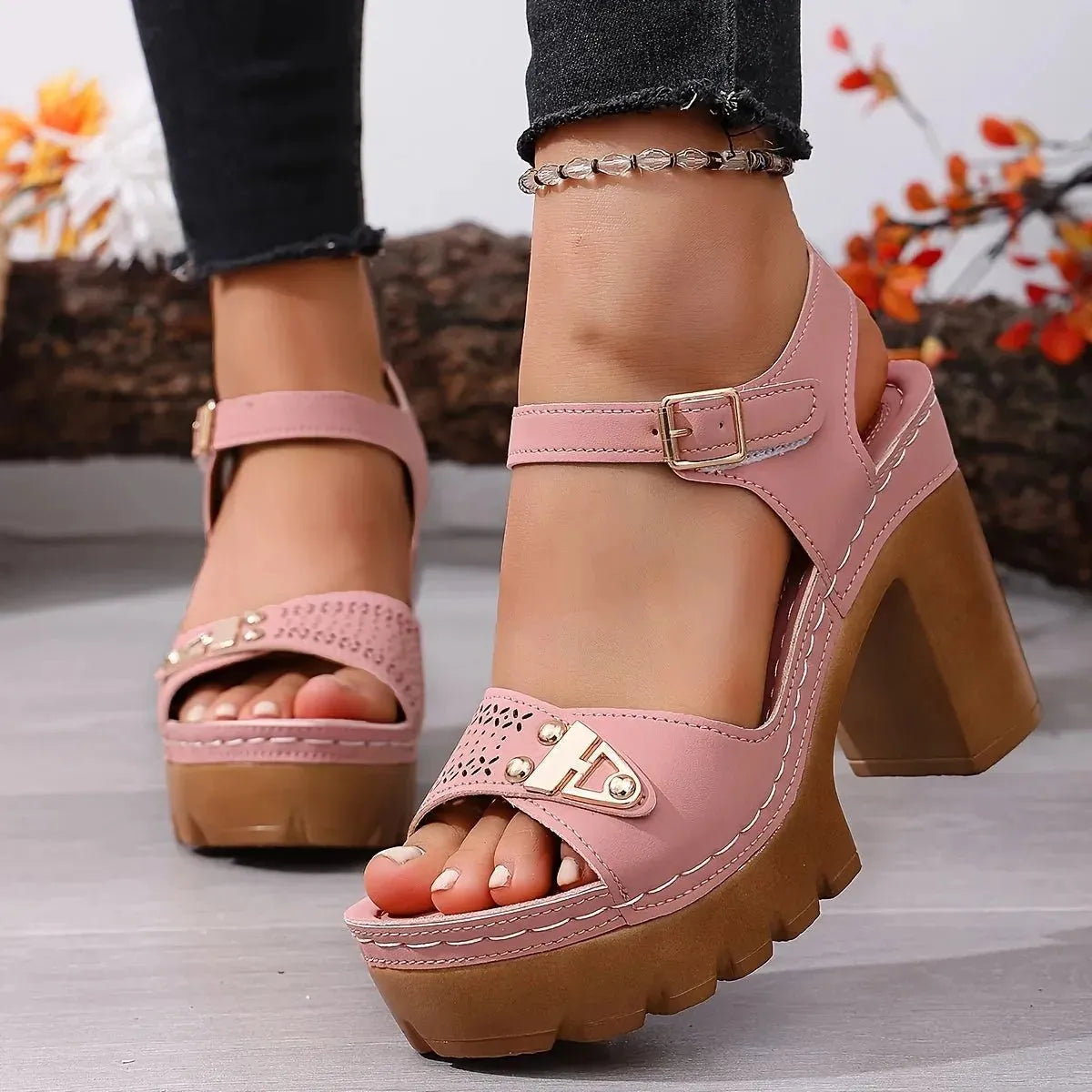 Women's Chunky-Heel Platform Top-grain Cowhide Sandals